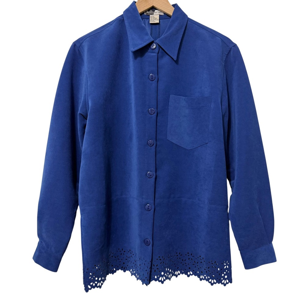 Kelly Scott Vintage Royal Blue Faux Suede Eyelet Hem Button Down Shirt Small